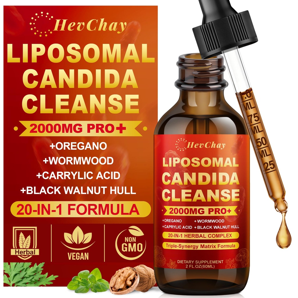 Liposomal Candida Cleanse Drops 2000mg - 20-in-1 Candida Detox for Women & Men with Caprylic Acid, Oregano, Black Walnut & Wormwood – Yeast Detox, Gut & Colon Support, Digestive & Immune, 2 Fl Oz