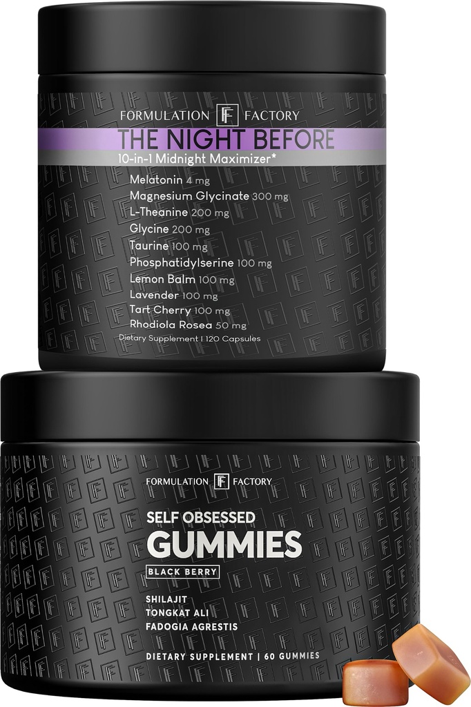 Formulation Factory Self Obsessed Shilajit Gummies x The Night Before (Bundle) – Men's Day & Night Stack: Testosterone Booster + Magnesium Sleep Supplement with Shilajit, Tongkat Ali & Melatonin