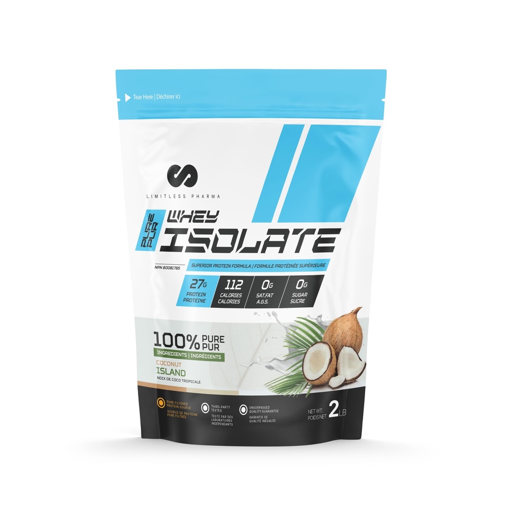 Limitless Pharma Pure Whey Isolate | High Protein Whey Isolate Protein Powder | 27g Protein, 6g BCAAs, Sugar Free, Gluten Free, Low Carb, Low Lactose | 30 Servings, 2LB (Coconut Island)
