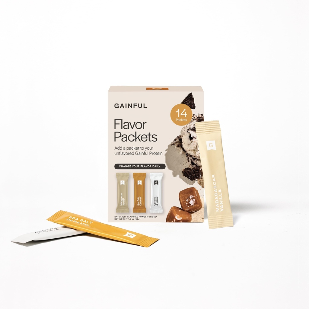 Gainful Flavor Sticks for Unflavored Protein Powder, Sweet Treat Variety Pack, Vanilla, Salted Caramel, Cookies & Cream Flavor Boosters, for Plant Based or Whey Protein, No Sugar Added, 14 Ct
