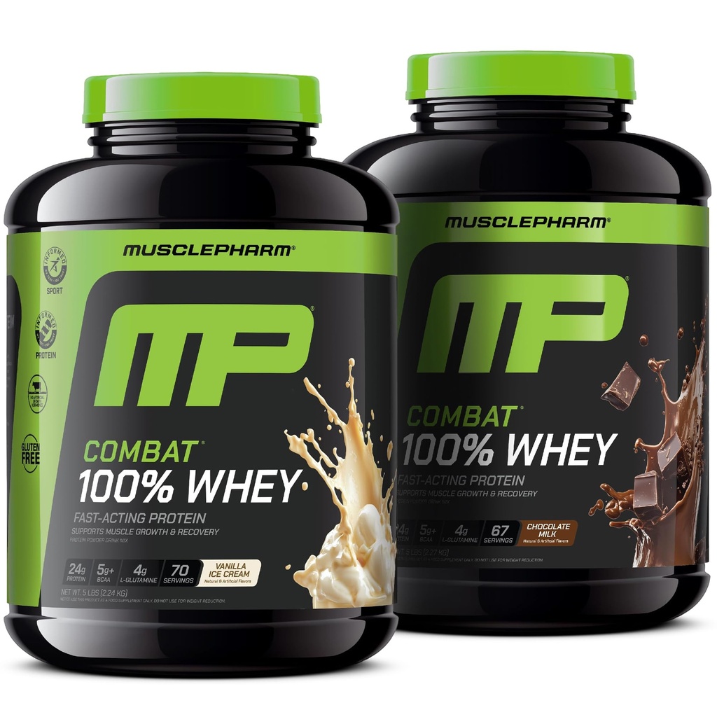 MusclePharm Combat 100% Whey Protein Powder Bundle - Vanilla & Chocolate Milk, Fast Recovery & Muscle Gain, 5lb, 67-70 Servings