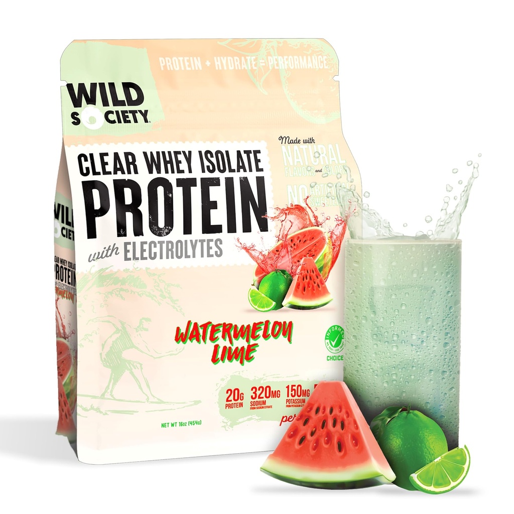 WILD SOCIETY - Clear Protein Powder + Electrolytes - 20g Clear Whey Protein Isolate Drink - Zero Sugar - 0g Lactose - Natural Flavors & Colors - Muscle Post Workout Recovery - Watermelon Lime, 16 oz