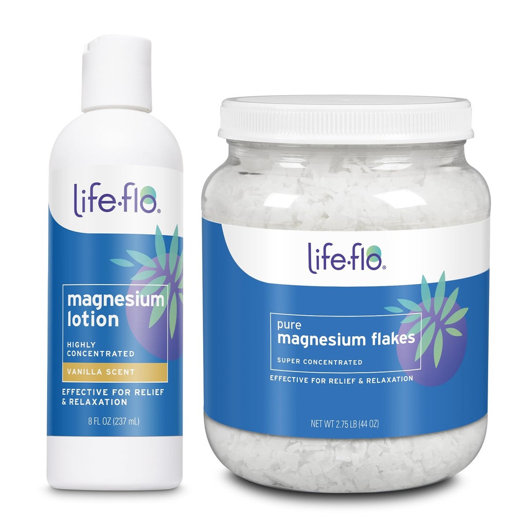 Life-flo Vanilla Magnesium Lotion 8oz and Magnesium Flakes for Bath 44oz - Relief and Relaxation with Topical Magnesium Chloride from Zechstein Seabed - Soothe Muscles and Joints - 60-Day Guarantee