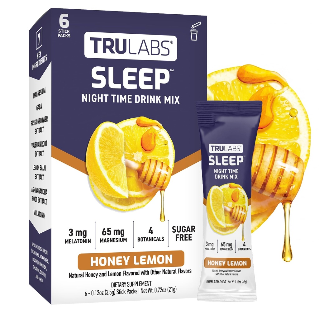 TRULABS Sleep Drink Mix – Honey Lemon Flavor, Sugar-Free Nighttime Sleep Powder Drink Mix with 65mg Magnesium, 2500mg GABA, Herbal Extracts & 3 mg Melatonin, No Artificial Sweeteners (6 Stick Packs)