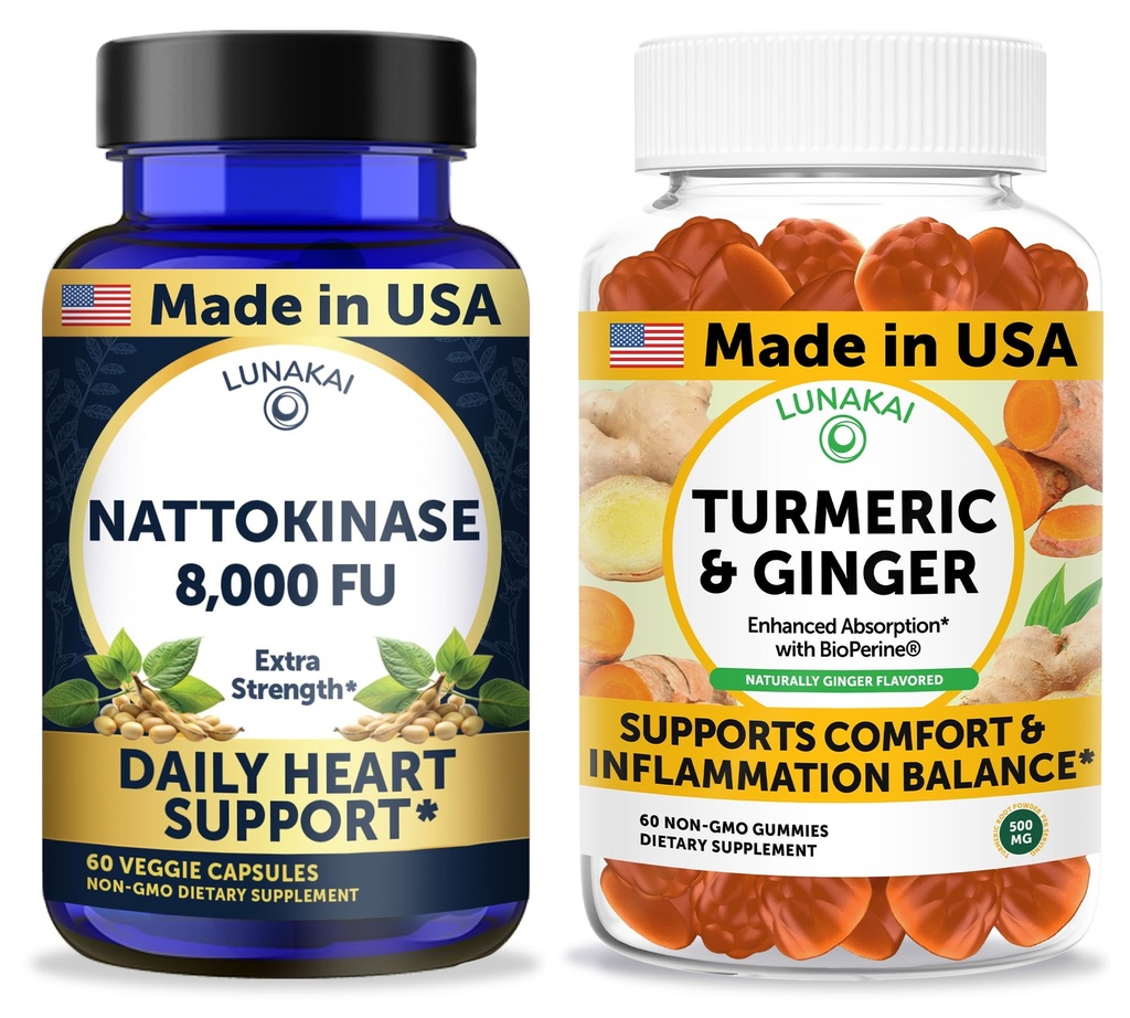 Lunakai USA Made Nattokinase 8000 FU Capsules + Turmeric & Ginger Gummies Bundle – Non-GMO – 60ct Each