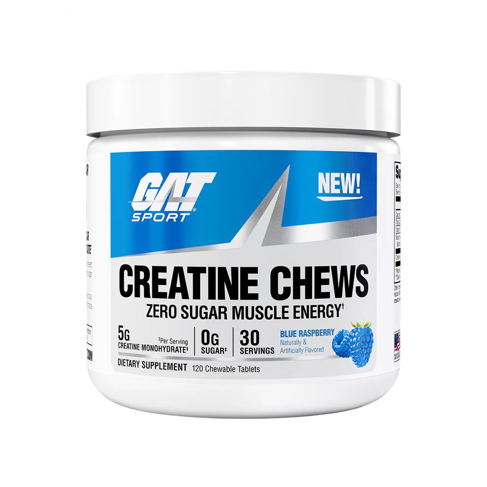 GAT SPORT Creatine Chews, Zero Sugar, 5g Pure Creatine Monohydrate, 3rd Party Tested, Brain Health, Muscle, Strength, Anti-oxidant Support, for Men & Women, 30 Servings (Blue Raspberry)