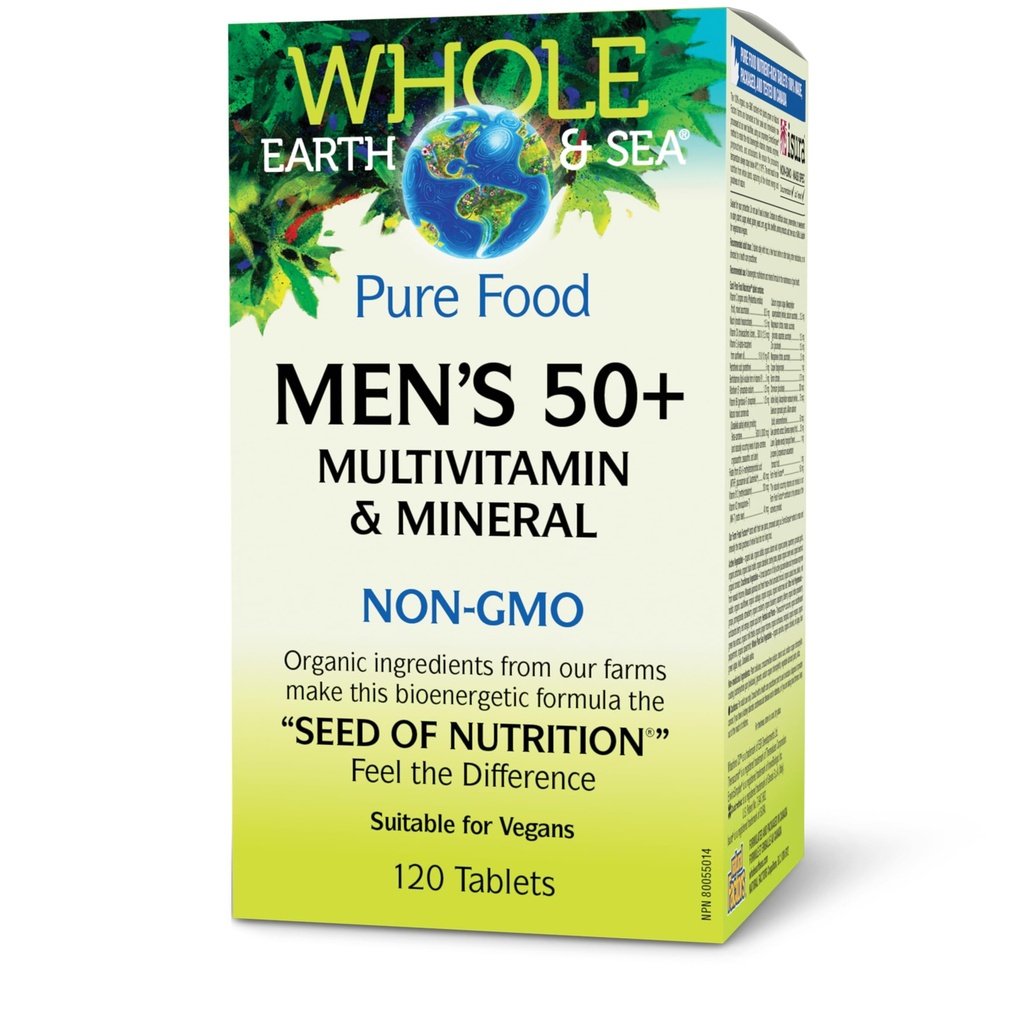 Natuurlijke factoren Whole Earth & Sea Men's 50+ Multivitamine & Mineraal - Dagelijkse voedingsondersteuning Multivitamine - Ondersteunt hersengezondheid en immuunsysteem functie - Vegan - 120 tabletten (60 porties)
