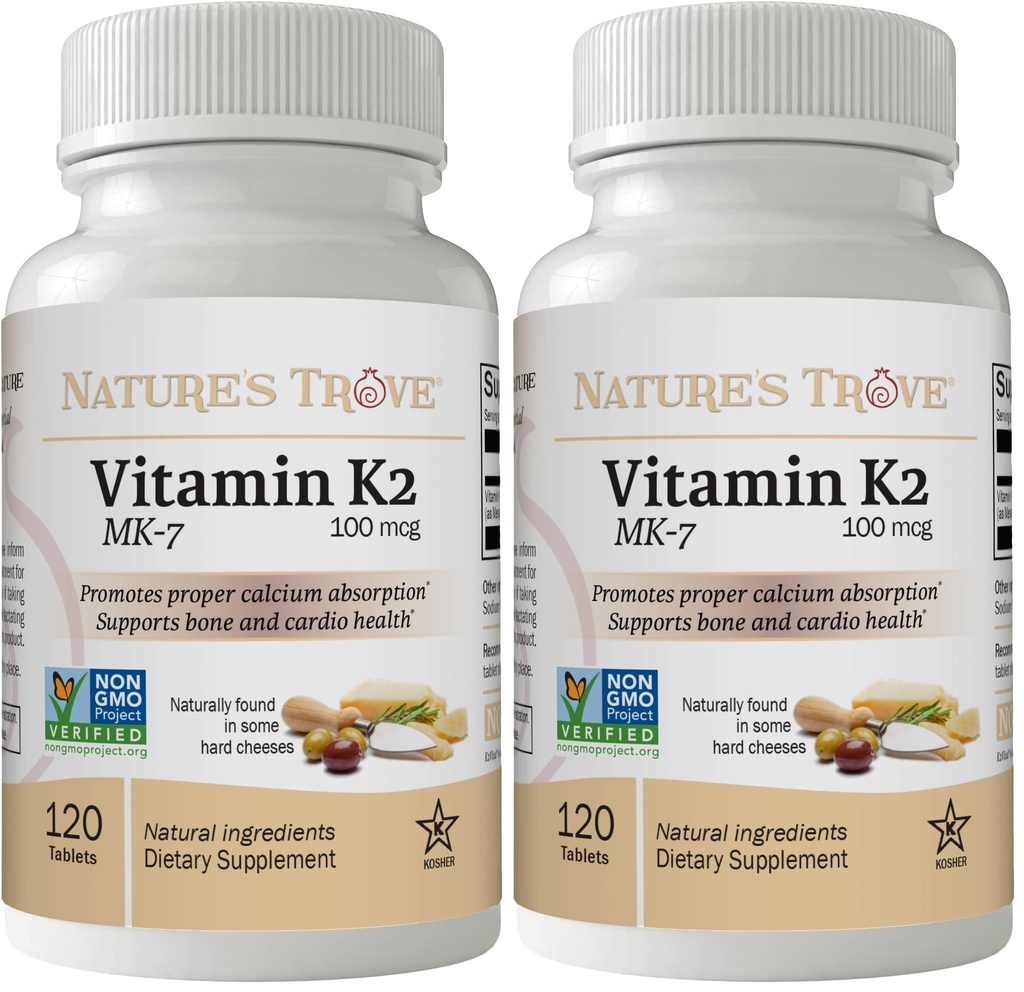Nature's Trove Vitamin K2 MK7 Supplement, 100mcg, 120 Count, Vegan (Pack of 2)
