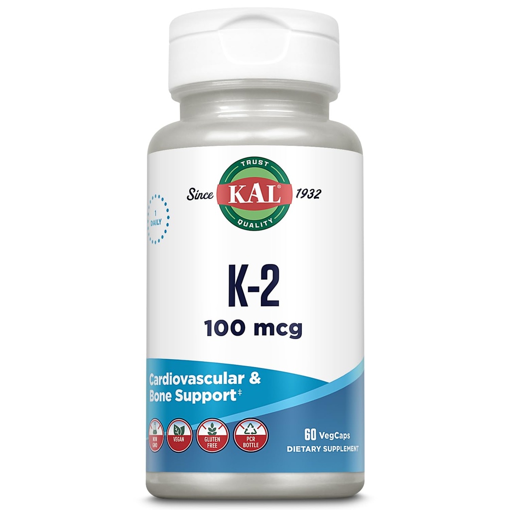 KAL Vitamin K2 MK-7 Capsules 100 mcg - MK7 Vitamin K2 Supplement for Women and Men - Bone Health Support - Vegan, Non GMO and Gluten Free - 60 Veg Caps
