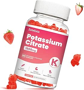Kalium Gummies voor Volwassenen Vrouwen en Mannen, Kalium Citrate Supplement, Ondersteuning Been Krampen, Spier Gezondheid en Elektrolyt Balance, Suikervrij, Biologisch, Veganistisch, Aardbei, 60 Ct
