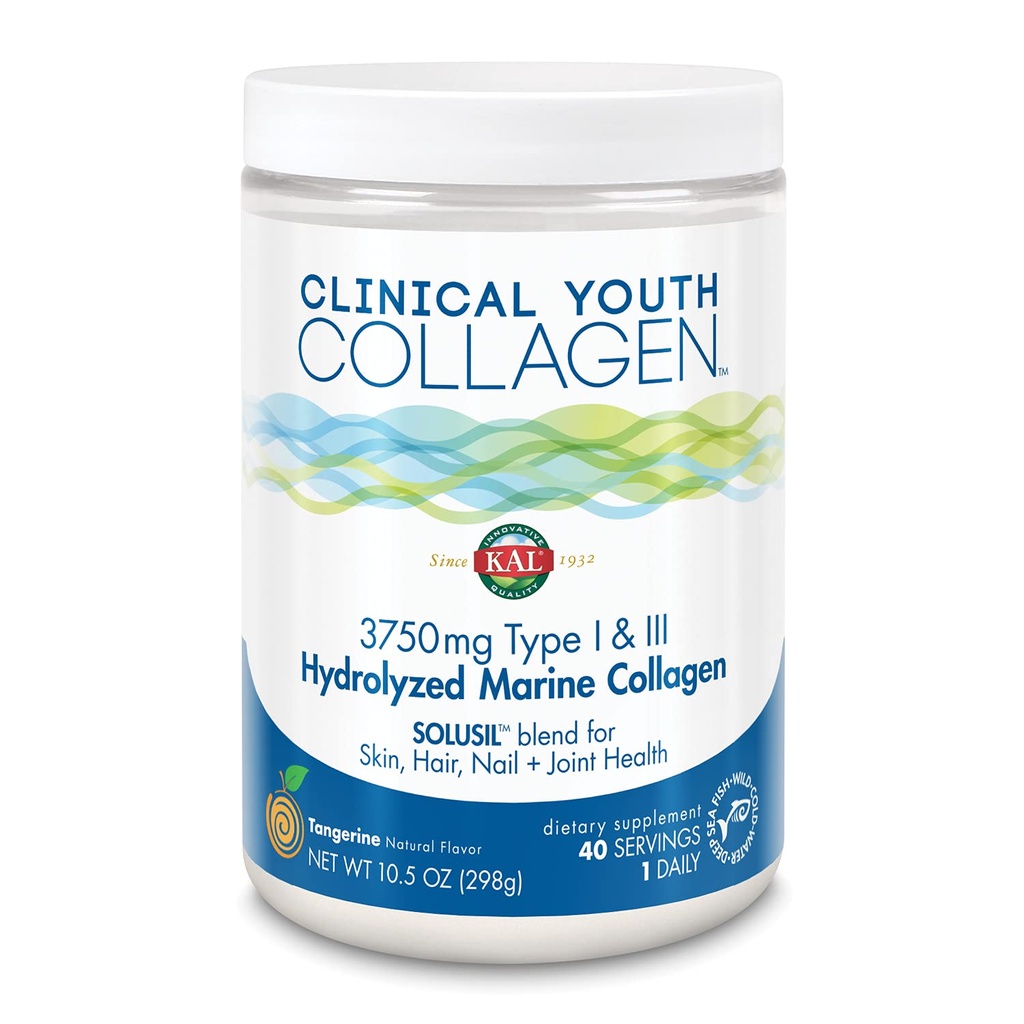 KAL Clinical Youth Collagen | Healthy Skin, Hair, Nail and Joint Support | Vitamin C | Natural Tangerine Flavor | 10.5oz, 40 Serv.