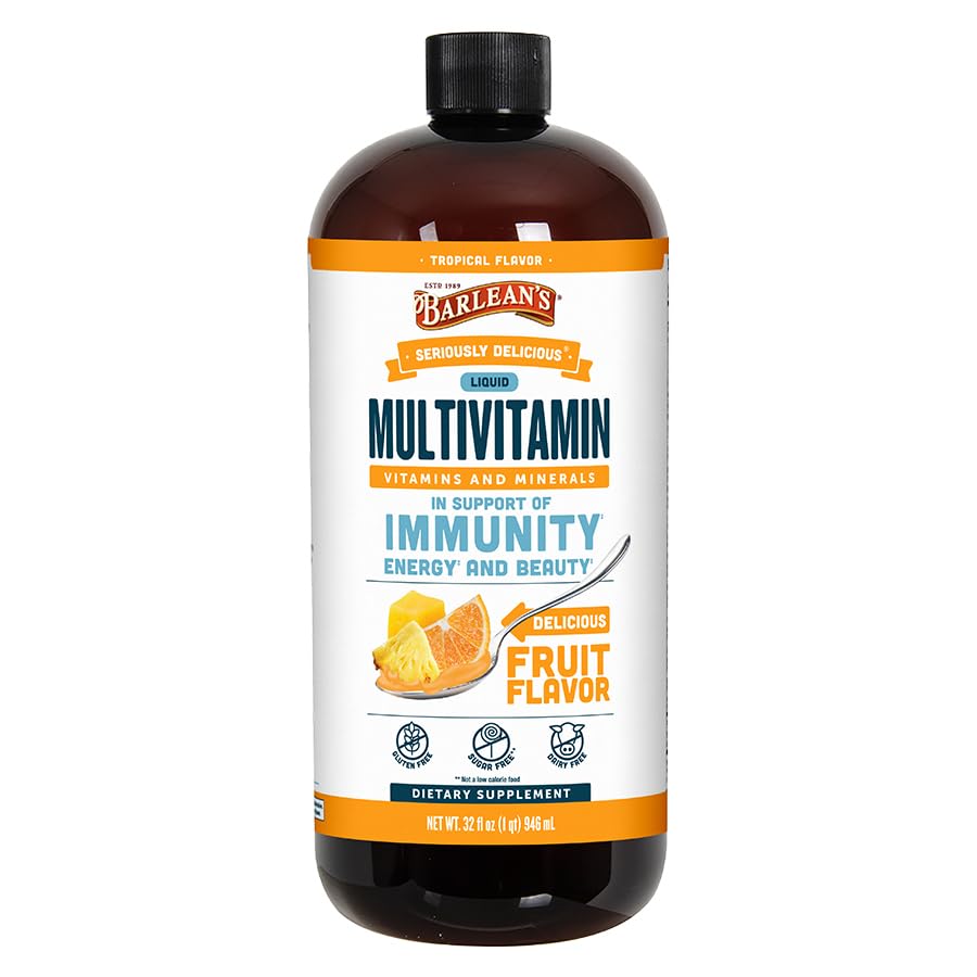 Barlean's Liquid Multivitamin for Women, Men & Kids, 21 Essential Vitamins & Minerals, Includes Biotin, B-Complex, Vitamins C, D3 & K2, Smoothie-Like Daily Supplement, Tropical Flavor, 32 fl oz