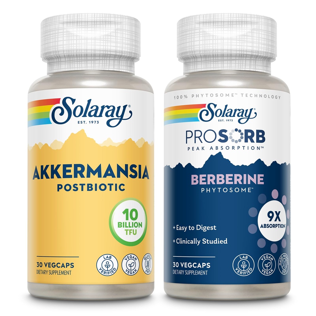 SOLARAY Akkermansia Postbiotic 10 Billon TFU and ProSorb Berberine - Akk11 Beneficial Strain for Gut Microbiome Health Support - 9X Absorption Berberine Phytosome - Vegan, Gluten Free, 30 Servings Ea