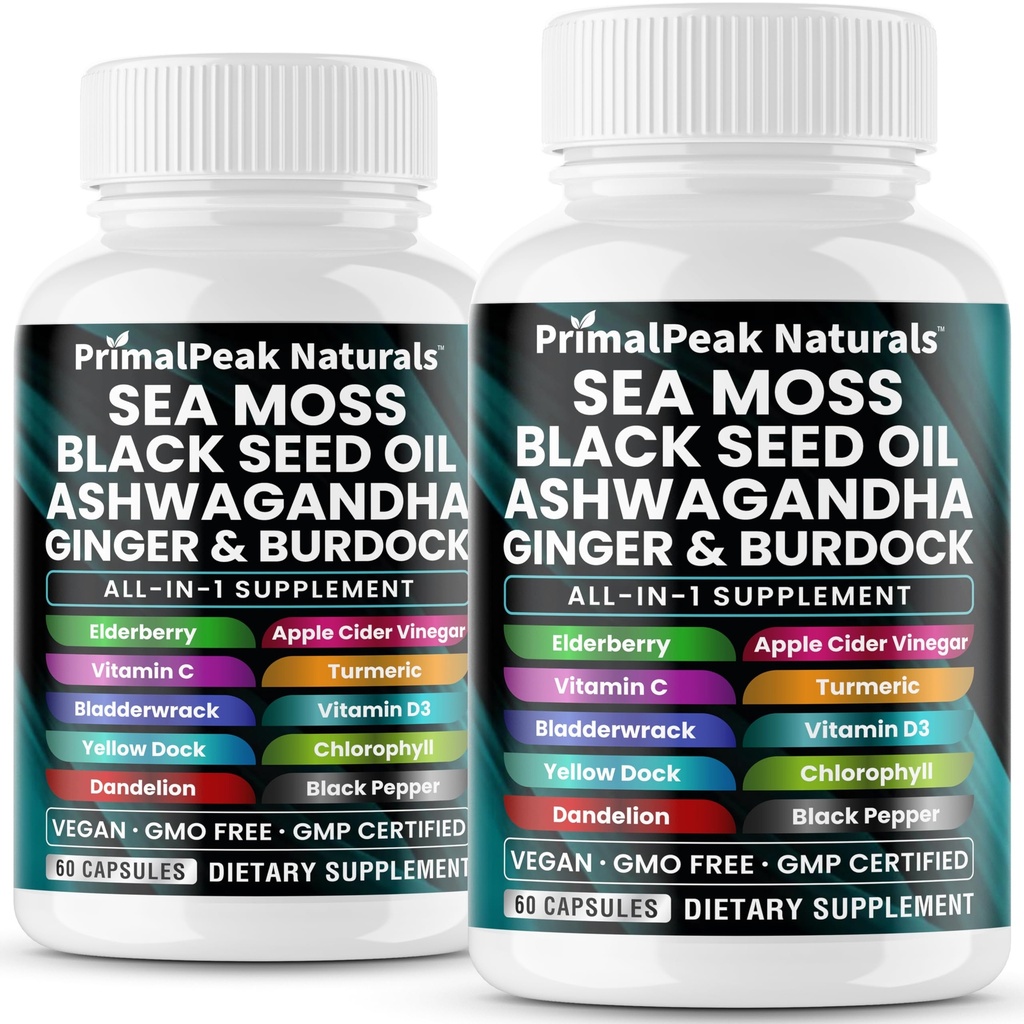 Sea Moss Black Seed Oil Ashwagandha Ginger Burdock Bladderwrack Turmeric & Vitamin C Vitamin D3 with ACV Elderberry Chlorophyll Dandelion Yellow Dock Vegan Capsules - 120 Count