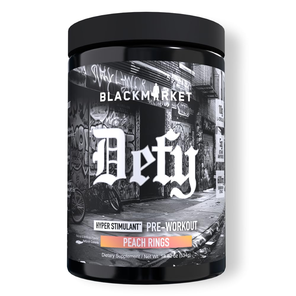 BLACKMARKET DEFY – High-Stimulant Pre-Workout Powder | 450mg Caffeine, Eria Jarensis, Dendrobium, L-Citrulline | Peach Rings Flavor | Intense Energy, Pump & Focus | 40/20 Servings