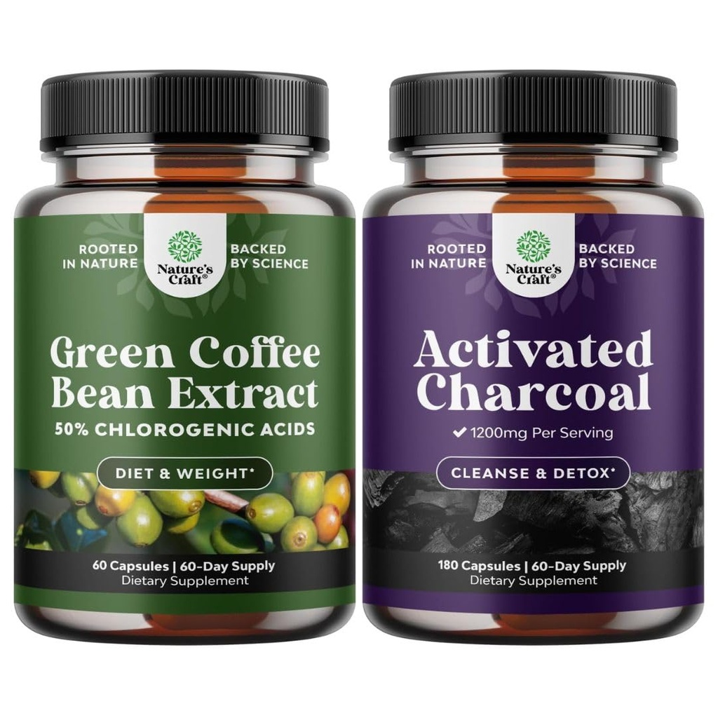 Bundel van Pure Green Coffee Bean Extract voor Antioxidant Heart Health Mental Focus en Maatreductie en reiniging en detox geactiveerde Charcoal Capsules voor opgeblazen verlichting en body Detox Reiniging