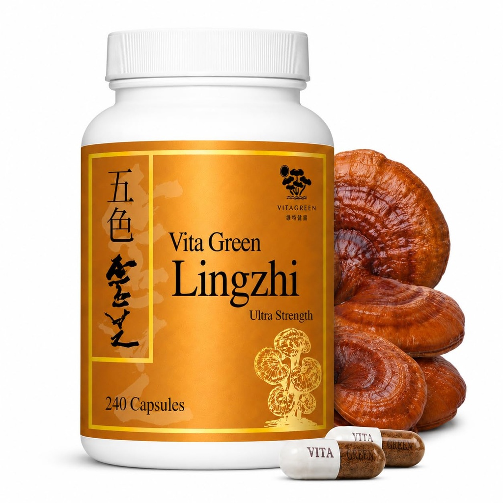 Vita Green Lingzhi Mushroom Supplement (五色靈芝) – Pure Reishi with Natural Antioxidants for Wellness, Energy, and Immune Support for Men & Women – 240 Capsules