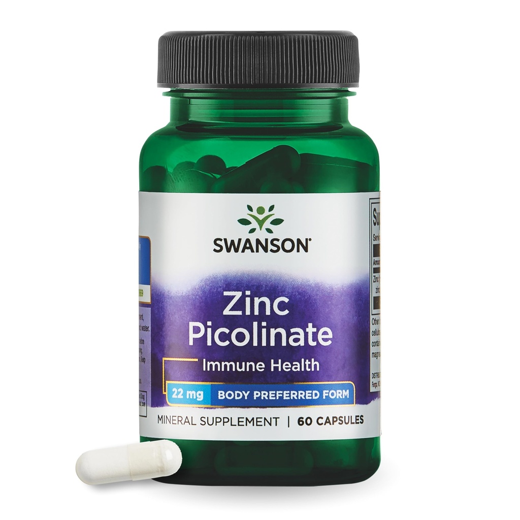 Swanson Zink Picolinaat chelated Mineral Supplement voor volwassenen zoeken Immune, Vision, and Prostate Support - Body-Preferred Form - 22 mg (60 Vegan Capsules)
