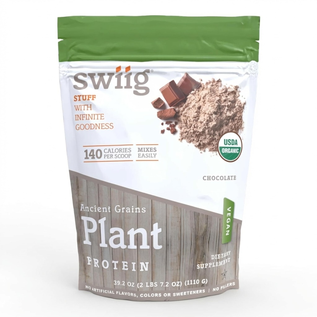 swiig Organic Plant Protein Powder – Vegan Plant Based Protein, Ancient Grains Protein Blend, 20g Protein, Gluten-Free, Dairy-Free, Non-GMO, Easy to Digest, Rich Chocolate, 2.7 lb