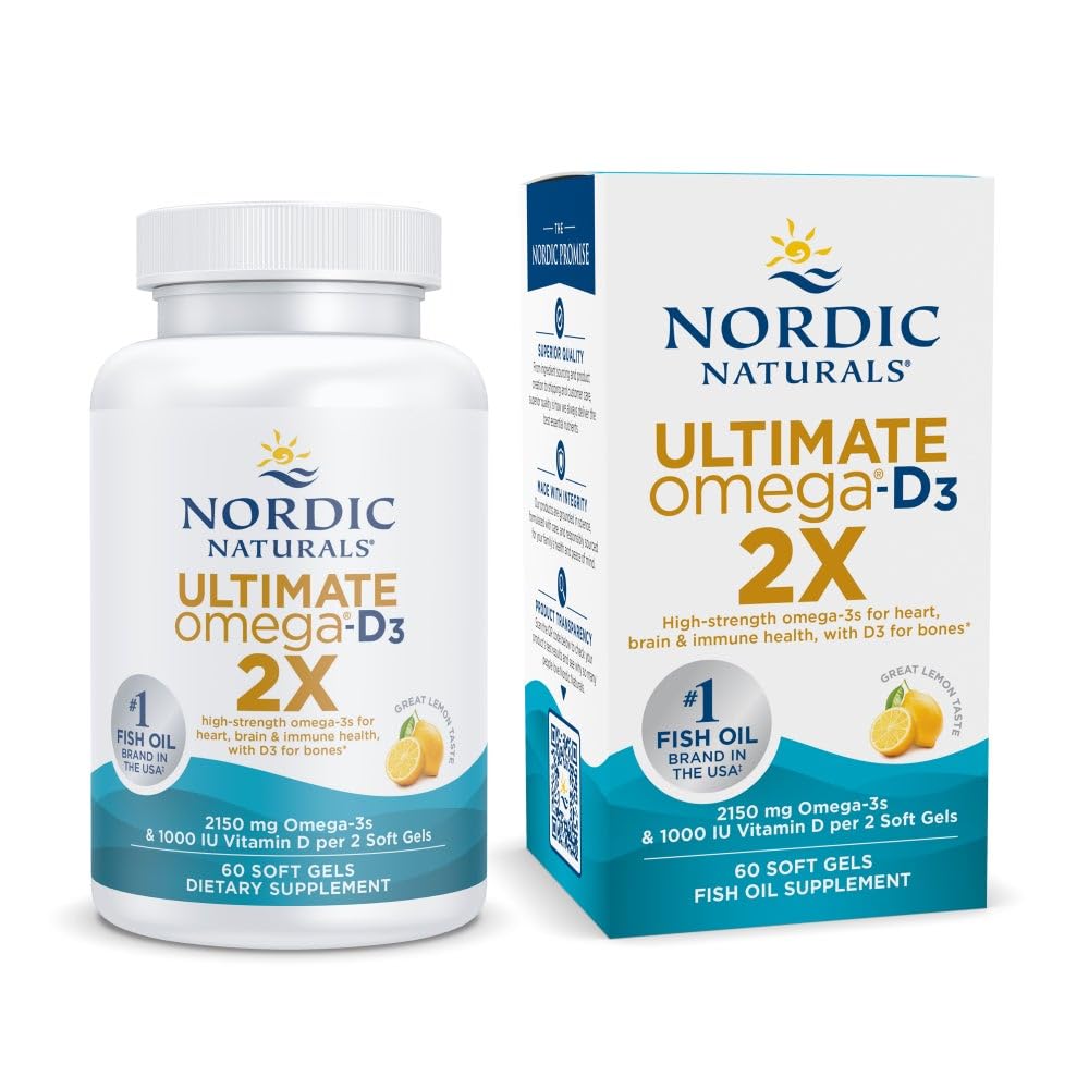 Nordic Naturals Ultimate Omega 2X met vitamine D3, Citroensmaak - 60 Zachte Gels - 2150 mg Omega-3 + 1000 IE D3 - EPA & DHA - Brain, Heart, & Immune Health - 30 porties