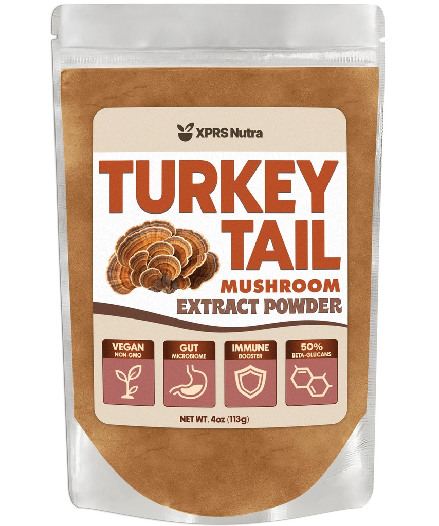 XPRS Nutra Turkey Tail Mushroom Extract Powder - Premium for Polysaccharides 57%, Boost Immunity - Vegan Friendly (4 oz)