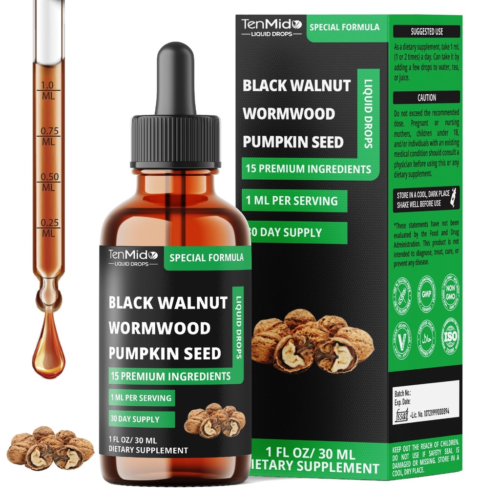 15in1 Black Walnut Liquid Drops with Wormwood, Pumpkin Seed, Oregano, Garlic, Soursop, Berberine, Shilajit,Ceylon Cinnamon, Turmeric & More - 30 Days Supply - 1FL Oz