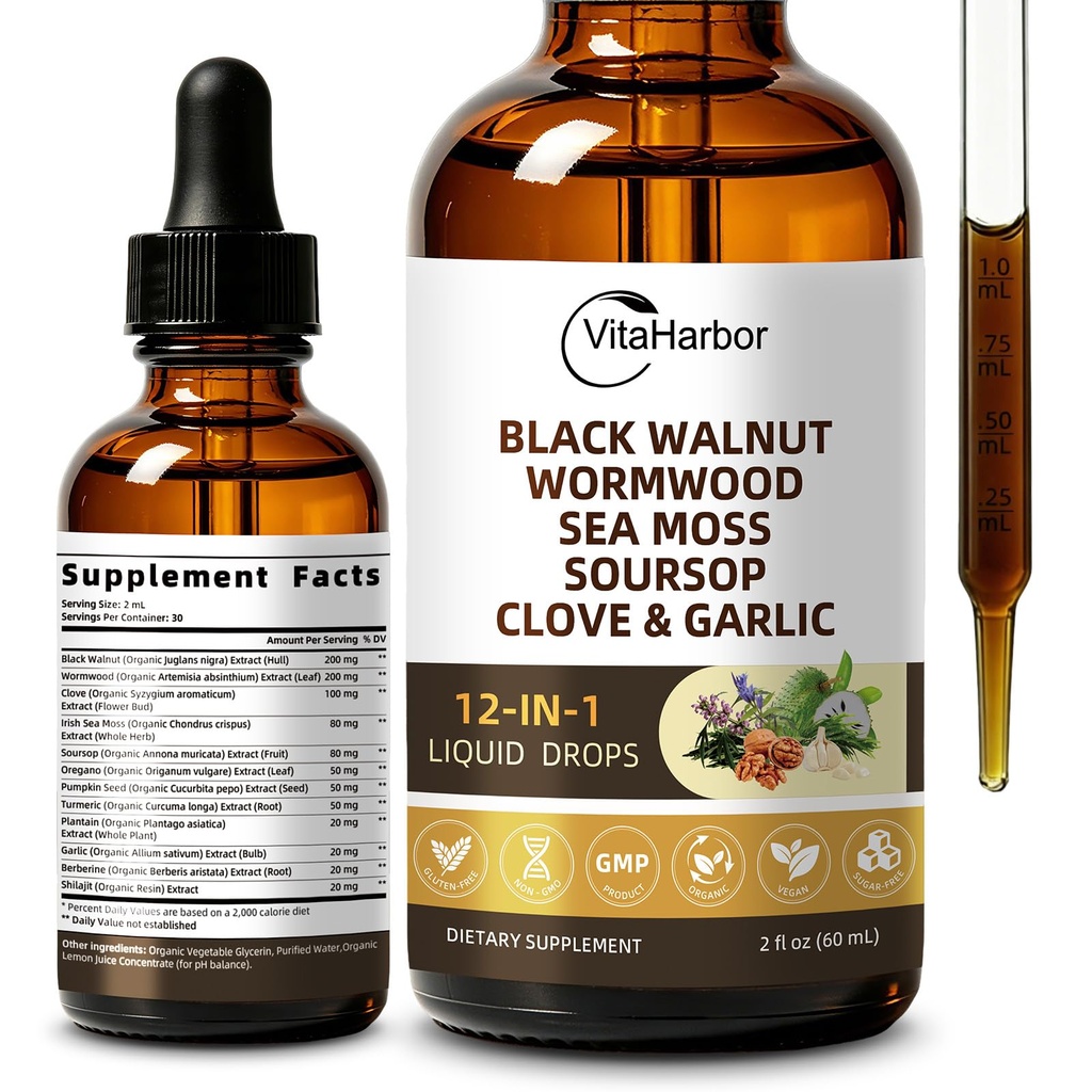 VitaHarbor Wormwood Black Walnut Clove Cleanse Drops for Humans – 12 in 1 Herbal Liquid Extract with Soursop, Irish Sea Moss, Pumpkin Seed, Oregano, Turmeric, Garlic, Berberine, Shilajit & Plantain