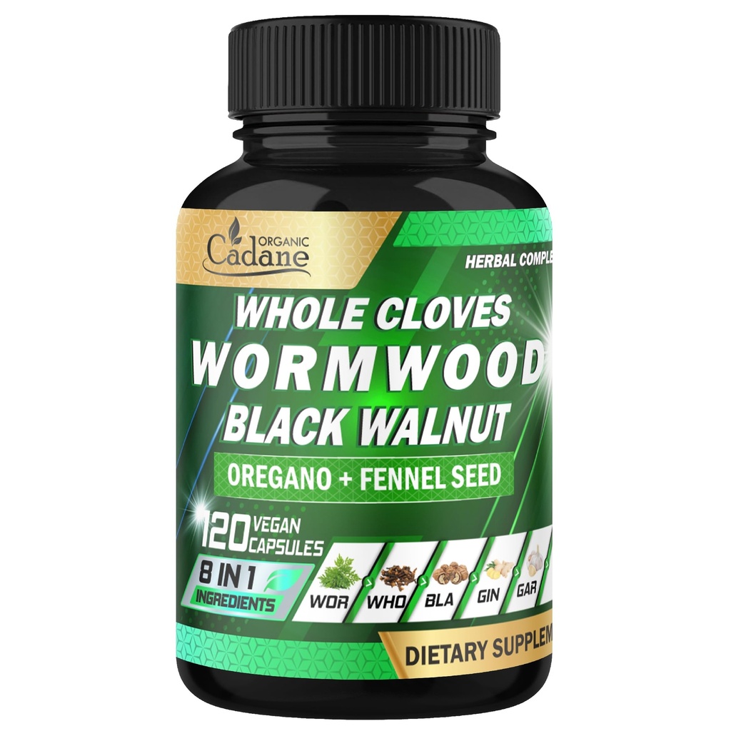 Cadane Wormwood Whole Cloves Black Walnut with Ginger, Garlic, Oregano, Fennel & Black Pepper | Digestive & Wellness Support | 120 Capsules – 60-Day