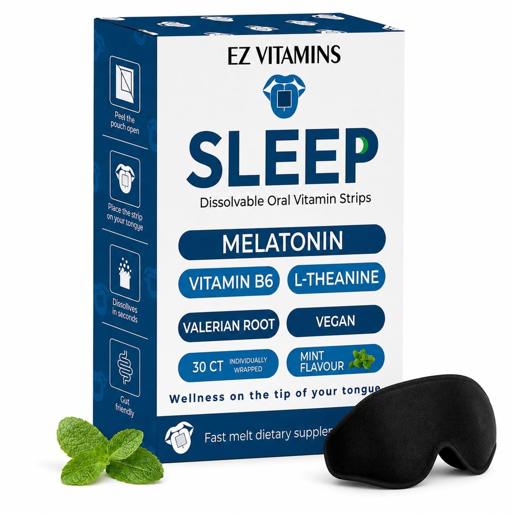Dissolvable Oral Sleep Strips with 5mg Melatonin, Valerian Root, L-Theanine, Vitamin D3 - Sleep Support Oral Strips with Sleep Mask, Fresh Mint Flavor, No Water Needed, Works Faster Than Gummies, 30ct