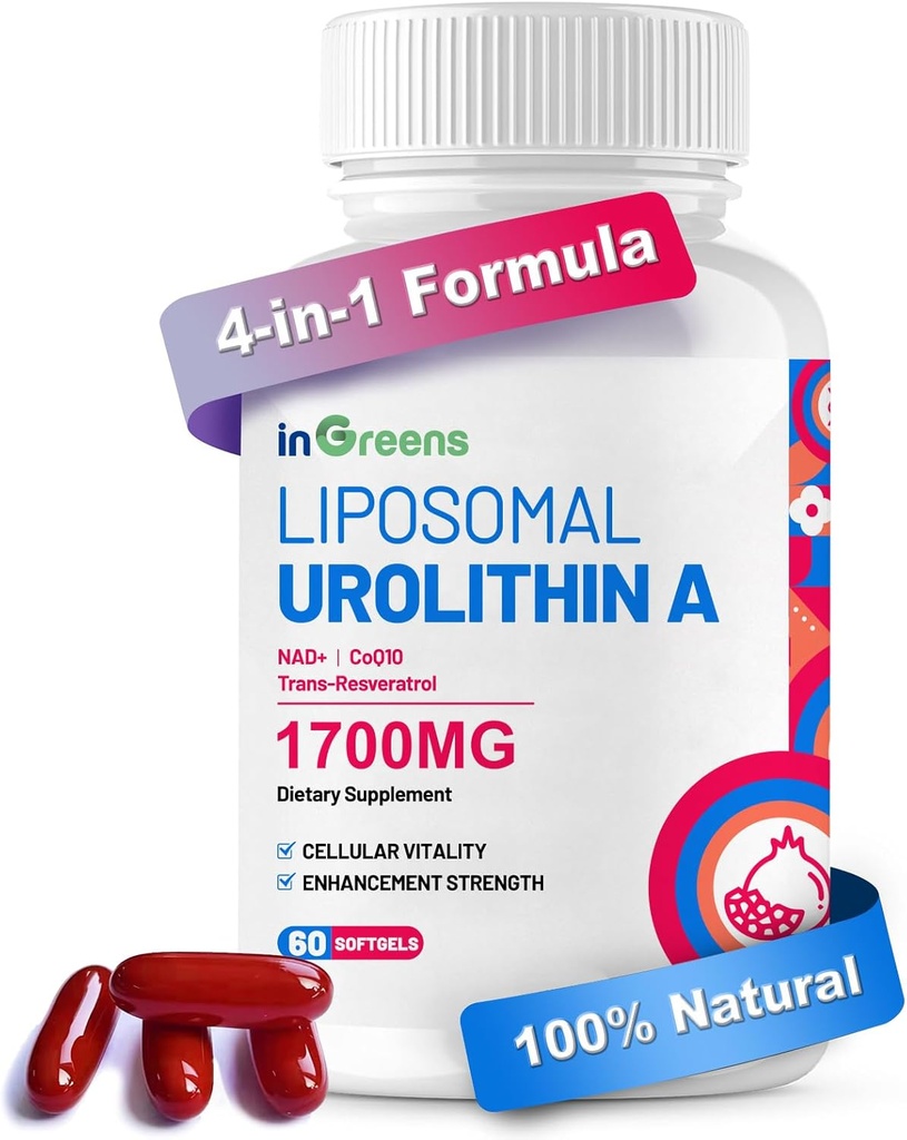 Urolithin A Supplement 1700mg met NAD+, CoQ10, Trans-Resveratrol Supplement voor mannen Vrouwen, 60 Softgels voor dagelijkse gezondheid en antioxidant ondersteuning, spierenergie, gezonde veroudering, hoog Biobeschikbaarheid