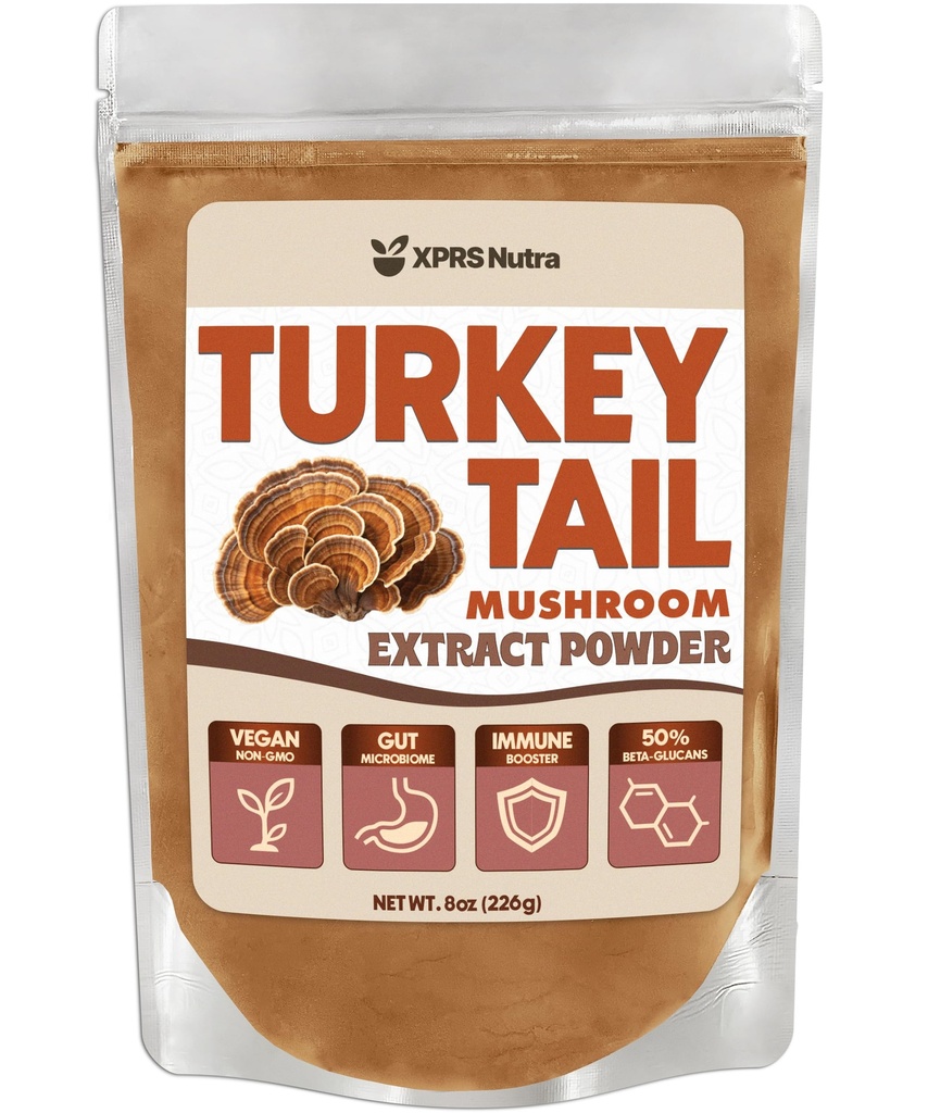 XPRS Nutra Turkey Tail Mushroom Extract Powder - Premium for Polysaccharides 57%, Boost Immunity - Vegan Friendly (8 oz)