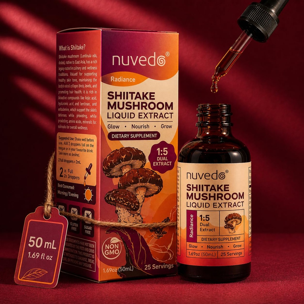 Nuvedo Radiance | Shiitake Mushrooms Liquid Extract | 1.69 fl oz, 25 Serves | Fruiting Body 1:5 Dual Extract |Alcohol Free Tincture | Herbal Wellness Supplement | Supports Skin Health, Daily Wellness