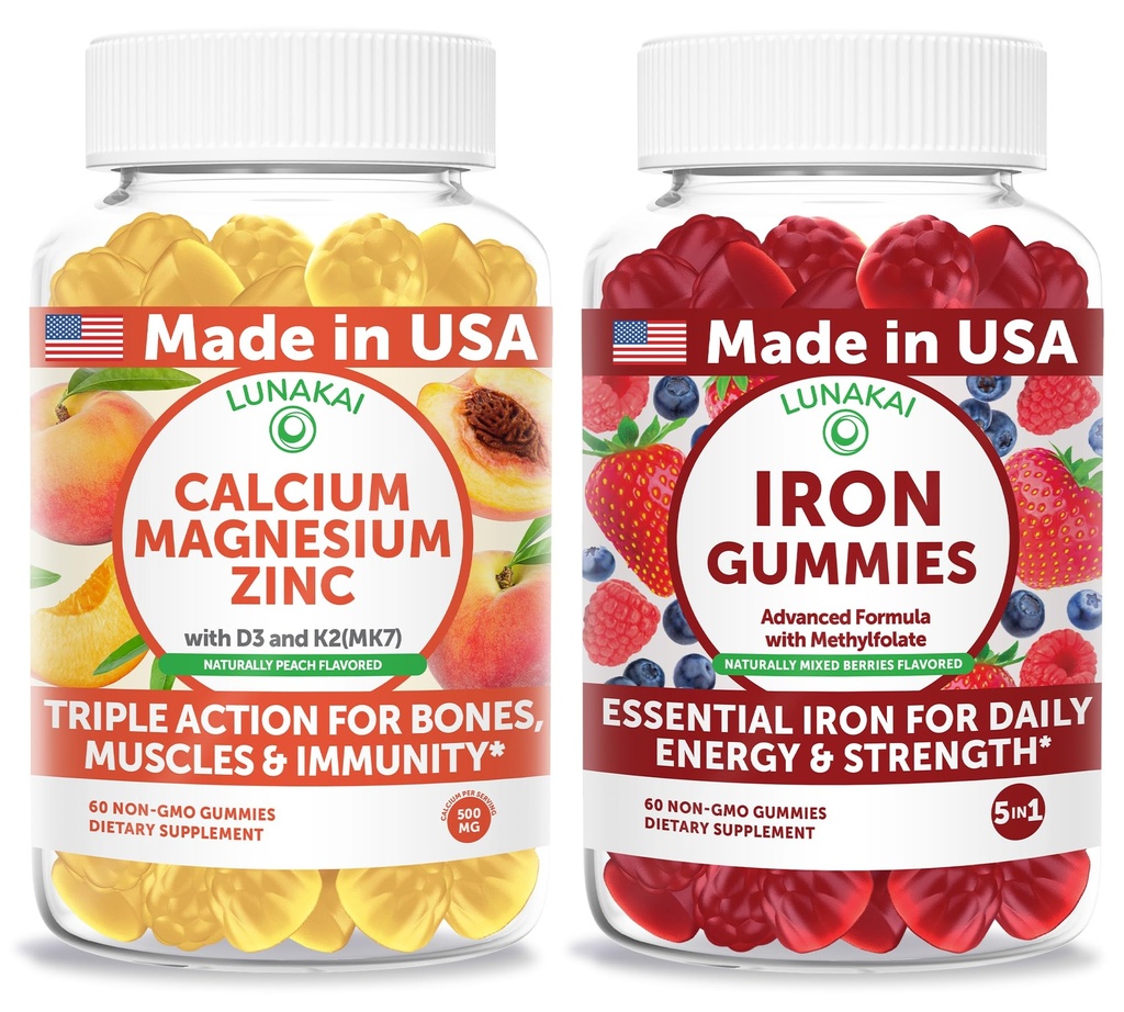 Lunakai USA Made Calcium Magnesium Zinc + Iron Gummies Bundle – Naturally Flavored, Non-GMO – 60ct Each