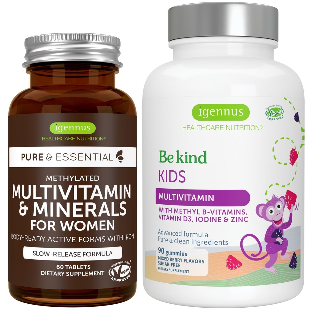 Multivitamin & Minerals for Women + Advanced Kids Multivitamin Gummy Vegan Bundle, with Methylated B-Vitamins, Vitamin A, C, D3 & E, Clean Label, 60 Tablets + 90 Berry Flavor Gummies, by Igennus