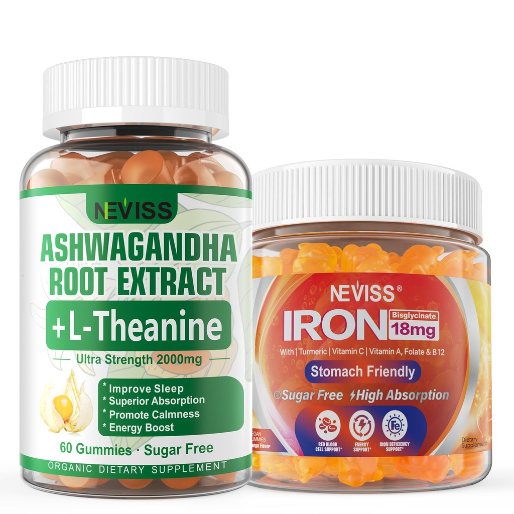 NEVISS Ashwagandha Gummies 2000mg, Feel Refreshed, Plus Proprietary Blend Vegan Iron Gummies Supplement with Vitamin C, B12, Folate & Turmeric - Energy & Immune Health