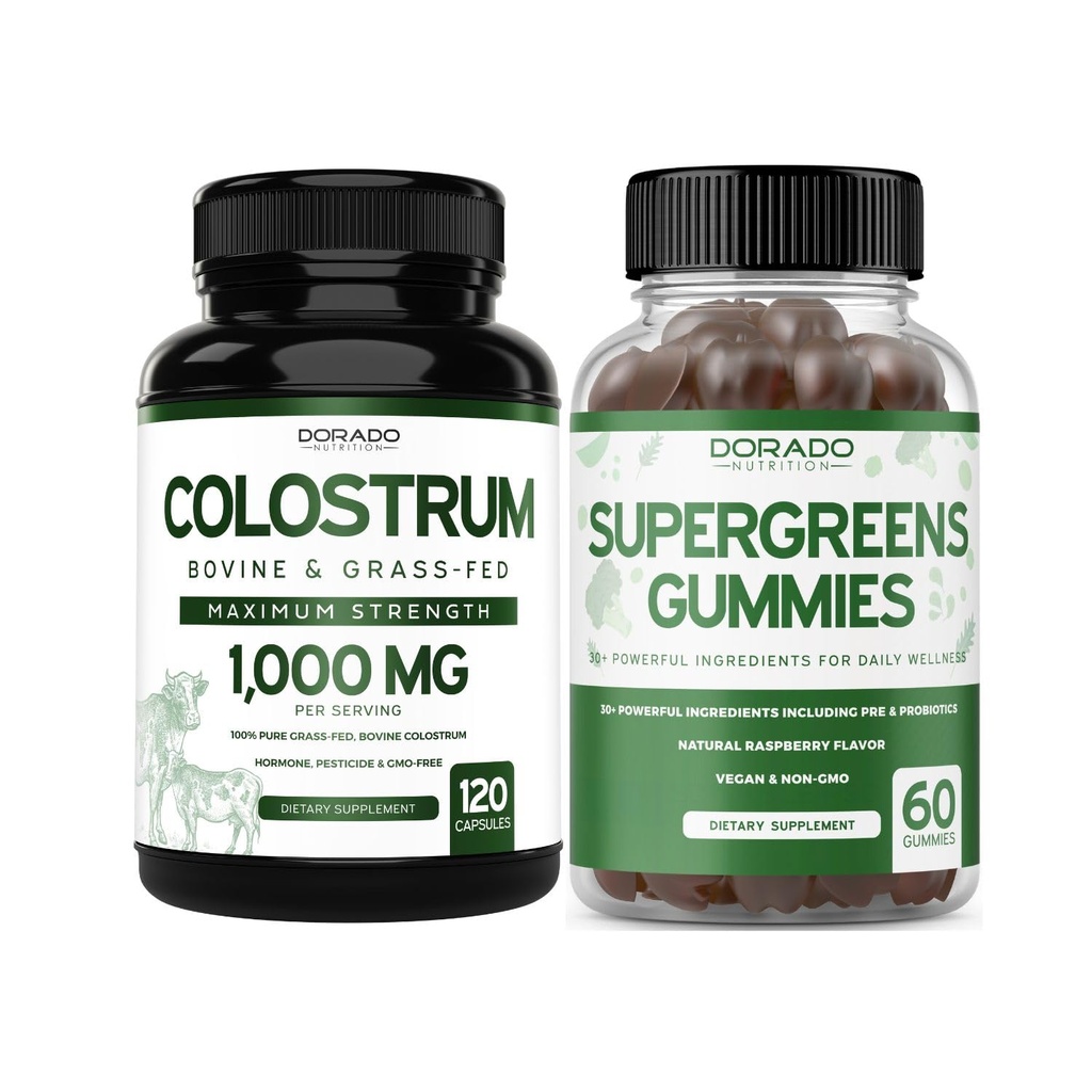 Colostrum (120 Count) Bovine Colostrum Capsules Supplement and Supergreens (60 Gummies) Superfood for Immunity Support with Greens Supplements with 8 Ingredient Power Blend - Vegan Safe & Made in USA