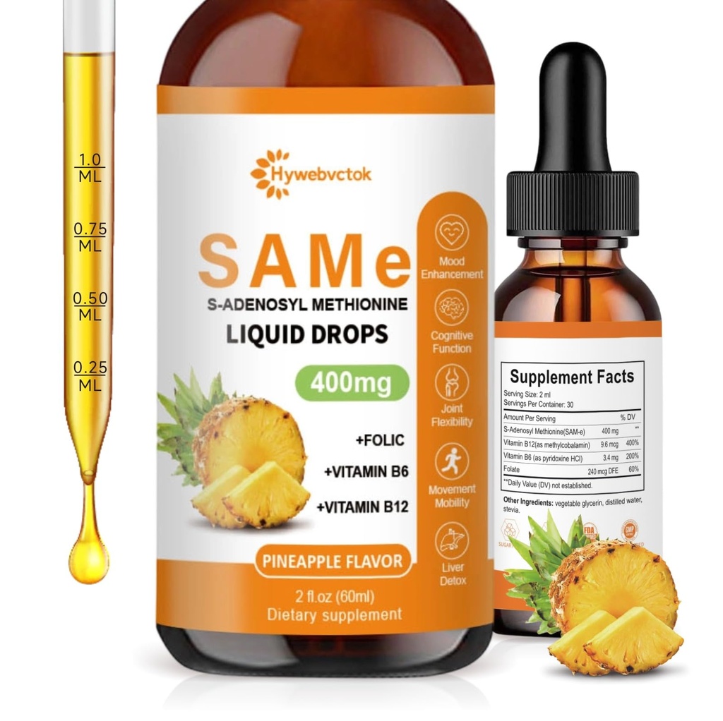 Liquid SAM E Drops, 2 Fl Oz,SAM-E(SAMe) Supplement 400MG S-Adenosyl-L-Methionine with Vitamin B6,B12,Folate,Joint Support & Liver Health，Pineapple Flavor,98% Absorption &Better Bioavailability,0 Sugar