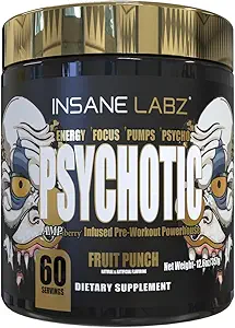 Insane Labz Psychotic Gold, High Stimulant Pre Workout Powder, Extreme Lasting Energy, Pumps en Endurance met Beta Alanine, DMAE Bitrate, NO Booster (60 Servers, Fruit Punch)