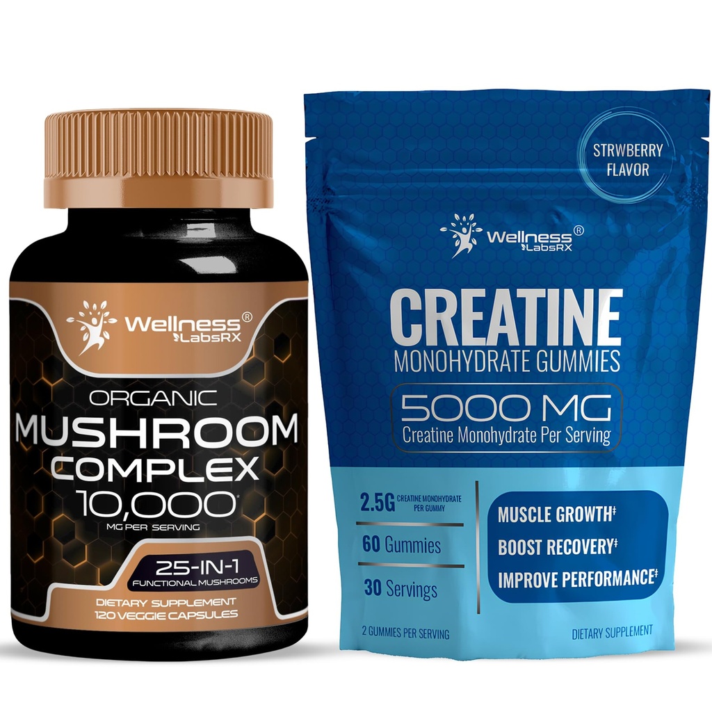 WELLNESS LABSRX Mushroom Supplement Capsules - Creatine Gummies 5000mg | Bundle