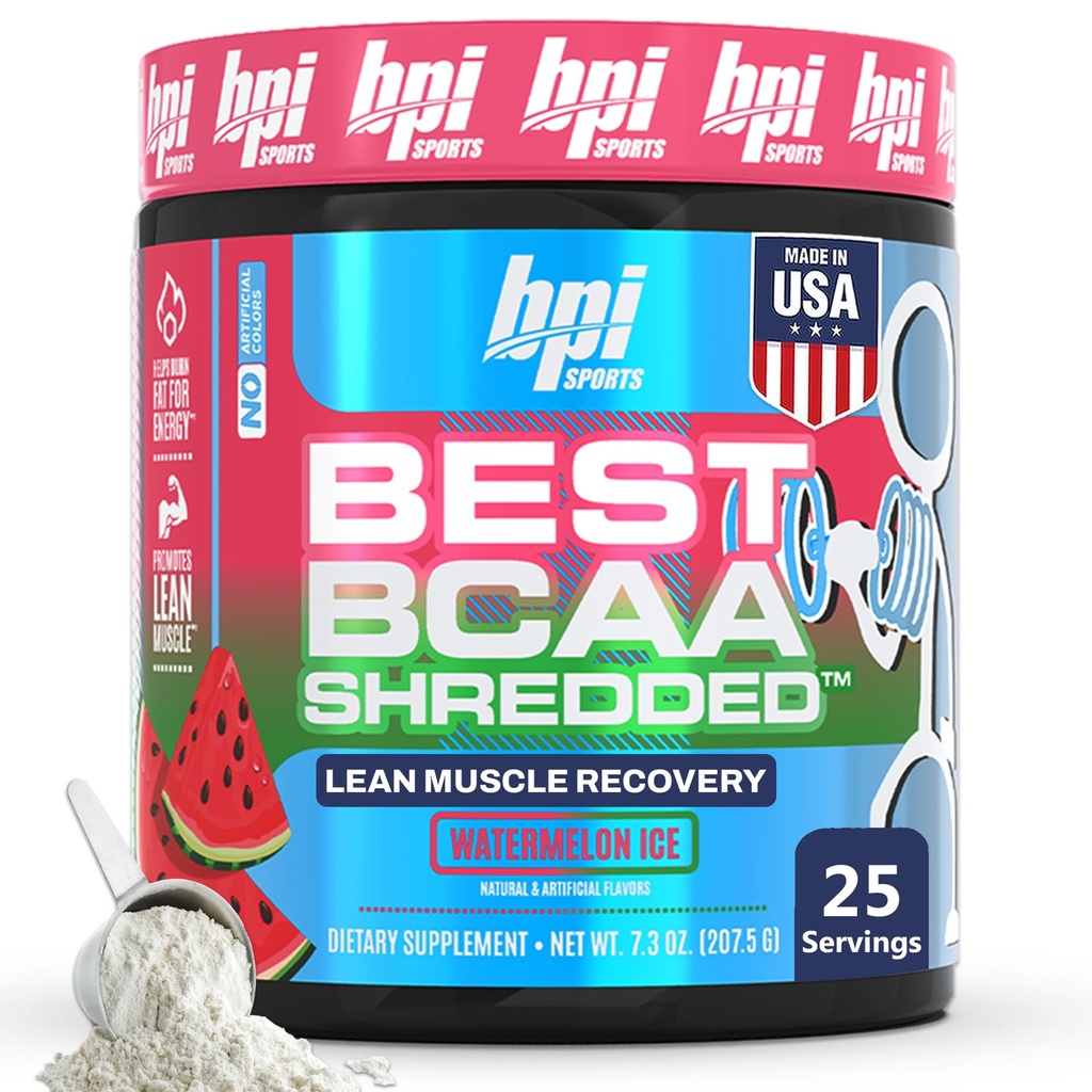 BPI Sports Best BCAA Shredded - Cafeïnevrije thermogene Recovery Drink, Lean Muscle Building BCAA Powder for Women and Men, Preworkout BCAA's Aminozuren Drink- Watermeloen ICE - 25 Servers