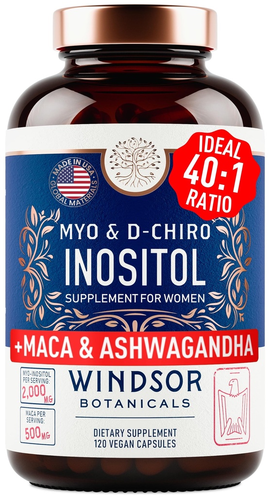 Myo en D-Chiro Inositol Supplement 40:1 Ratio - 2.000 mg Myo-Inositol plus Maca Root & Calming Ashwagandha - gezonde ovariële ondersteuning Vitaminen en vruchtbaarheidssupplementen voor vrouwen - 120 Vegan Capsules