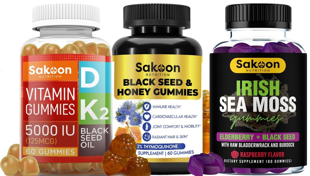 Sakoon nutrition Superfood Gummies Bundle – Irish Sea Moss, Black Seed Oil & Vitamin D3 K2 – Immune Support, Bone Health & Overall Wellness – 60 Gummies Each