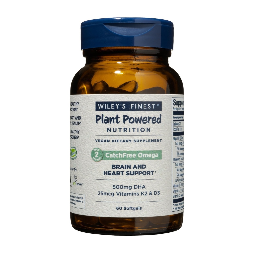 Wiley's Finest CatchFree Omega - Vegan, Non-GMO Fish Oil Alternative - Full Spectrum Omega-3 Liquid Supplement with Organic Plant-Based Algae Oil - 60 Softgels (60 Servings)