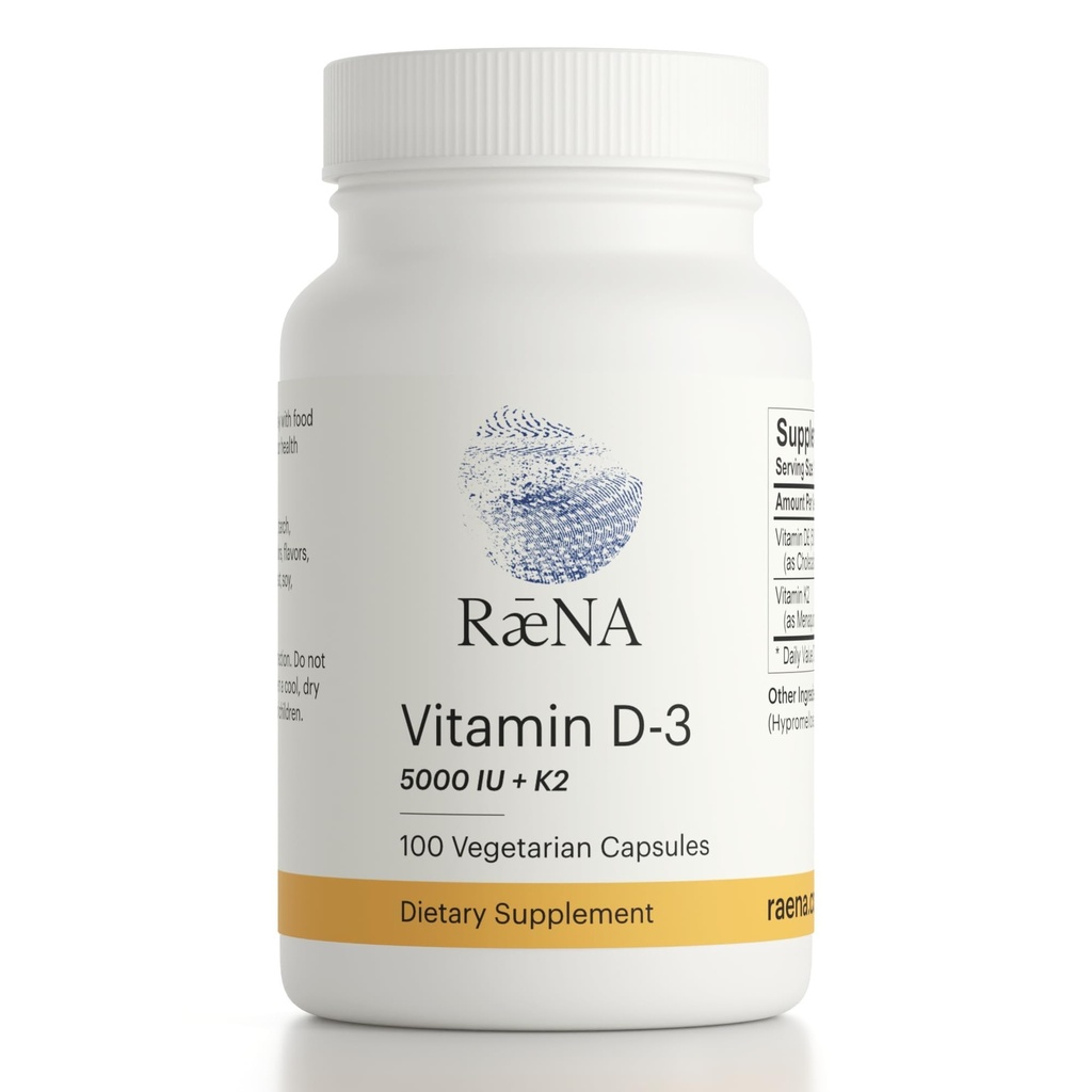 Raena Vitamin D3 Plus K2 Vitamin - Pure & Natural Formula - Easy to Take Capsules - No Artificial Additives - 100% Pure and Natural - 100 Capsules
