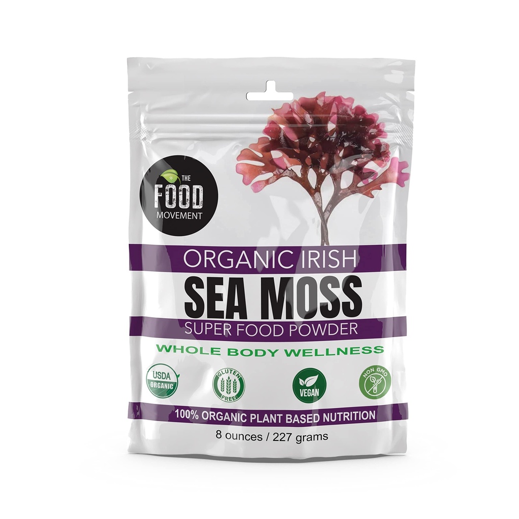 The Food Movement Co. Organic Raw Irish Sea Moss Powder - Mineral Dense Superfood for Cellular Health, Thyroid and Immune Support, Detox - Vegan and Kosher Algae Trace Minerals