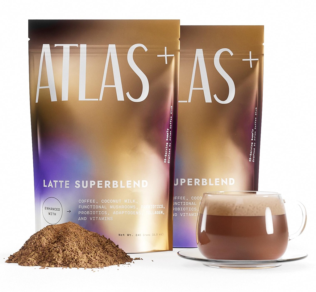 Atlas+ Latte Mushroom Coffee Superblend– Premium Coffee with Collagen, Probiotics, D3 & B12, Lion’s Mane, Reishi, Cordyceps, Coconut– for Energy, Focus, Immunity & Gut Health– 40 Servings (2 Bags)