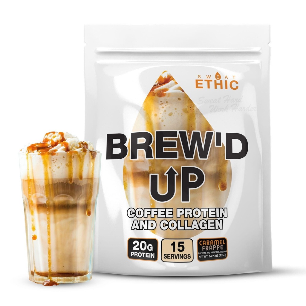 Sweat Ethic Brew’D UP Collagen Protein Coffee, Whey Isolate & Collagen Peptides, Natural Caffeine, Low Lactose, No Added Sugar, Easy-Mix Protein Coffee Powder, Caramel Frappe Flavor, 15 Servings