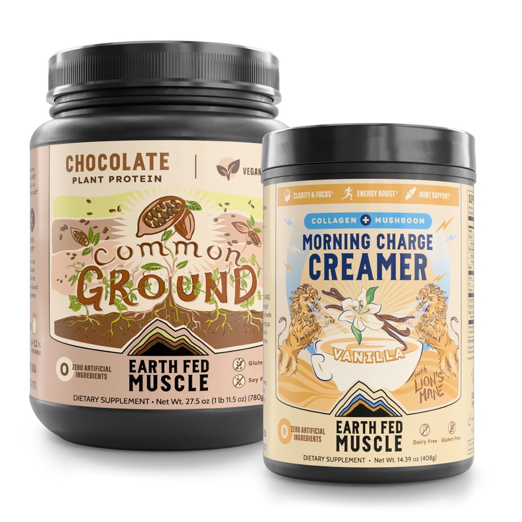 Earth Fed Muscle Power & Focus Bundle – Chocolate Plant-Based Protein Powder + Coffee Creamer with Collagen & Lion’s Mane – Clean Energy, Mental Clarity, Hair & Joint Support – Dairy-Free, Glute