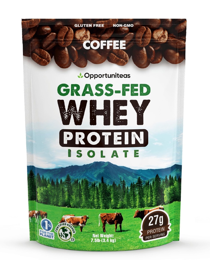 Opportuniteas Grass Fed Coffee Whey Isolate Protein Powder – 27 g Protein per Serving, Heavy-Metal Tested, Made with Real Colombian Coffee, Non-GMO, Hormone-Free, Sourced from Ireland, 7.5 lb