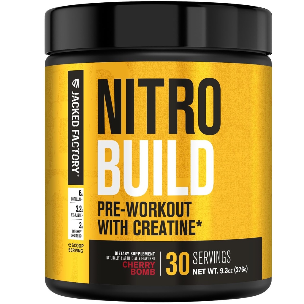 Jacked Factory Nitrosurge Build Pre Workout with Creatine for Muscle Building - Con Cret Creatine Powder & elevATP for Intense Energy, Powerful Pump, & Endless Endurance - 30 Servings, Cherry Bomb
